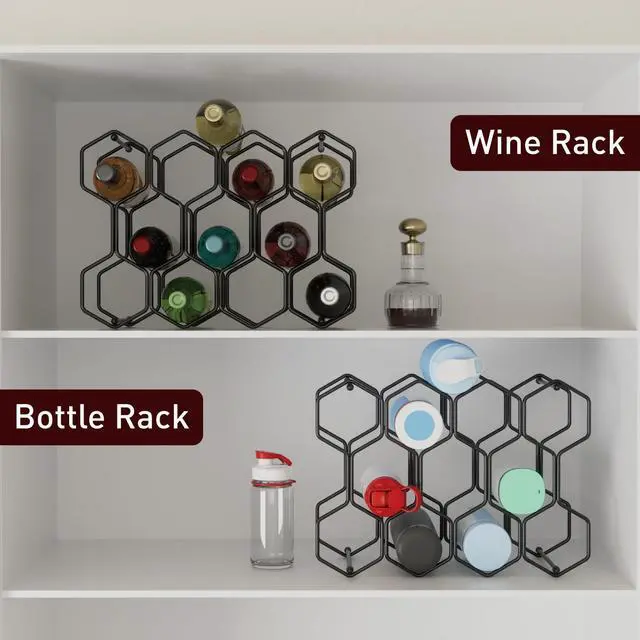 Alt view image 5 of 7 - Countertop Wine Rack, 14-Bottle Modern Freestanding Metal Holder for Red and White Wine, Tabletop, Kitchen, Bar, and Cabinet Storage (Black)