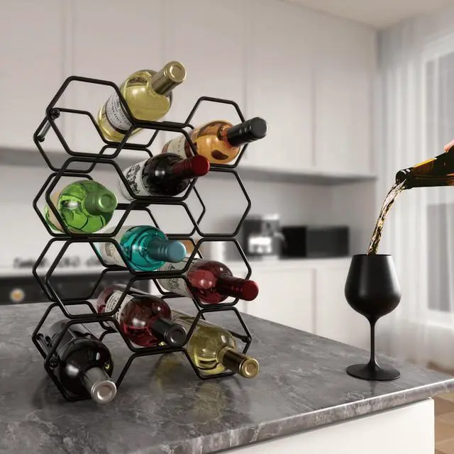 Alt view image 6 of 7 - Countertop Wine Rack, 14-Bottle Modern Freestanding Metal Holder for Red and White Wine, Tabletop, Kitchen, Bar, and Cabinet Storage (Black)