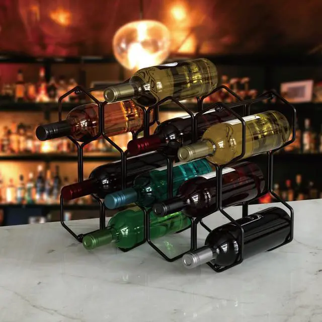 Alt view image 7 of 7 - Countertop Wine Rack, 14-Bottle Modern Freestanding Metal Holder for Red and White Wine, Tabletop, Kitchen, Bar, and Cabinet Storage (Black)