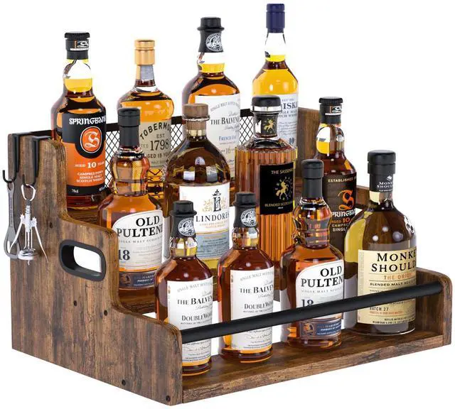 Main image of Liquor Bottle Display Shelf, 3 Step Countertop Organizer, Retro Bar Stand for Whiskey, Wine, Spirits (Rustic Brown)