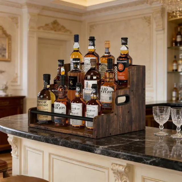 Alt view image 2 of 7 - Liquor Bottle Display Shelf, 3 Step Countertop Organizer, Retro Bar Stand for Whiskey, Wine, Spirits (Rustic Brown)