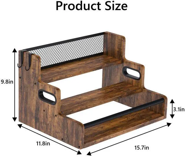 Alt view image 3 of 7 - Liquor Bottle Display Shelf, 3 Step Countertop Organizer, Retro Bar Stand for Whiskey, Wine, Spirits (Rustic Brown)