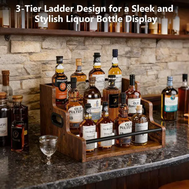 Alt view image 5 of 7 - Liquor Bottle Display Shelf, 3 Step Countertop Organizer, Retro Bar Stand for Whiskey, Wine, Spirits (Rustic Brown)