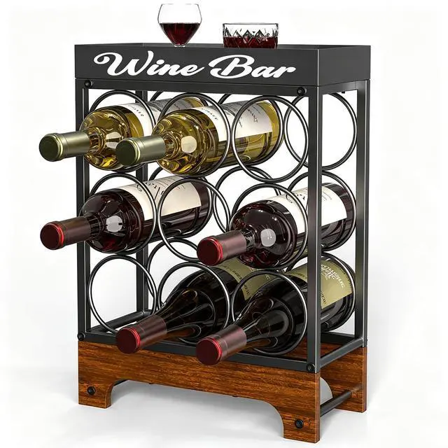 Main image of 9 Bottles Wine Racks Countertop Freestanding with Top Tray, Modern Black Metal &Wood, 3 Tier Tabletop Wine Holder Stand for Home Kitchen Bar, Cabinet, Pantry, Wine Bottle Storage