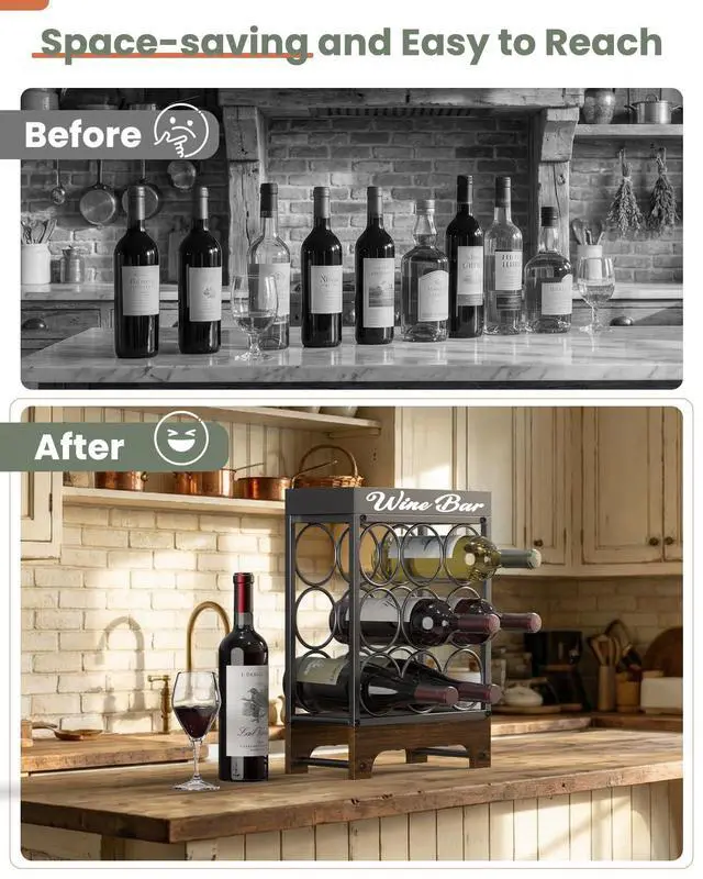 Alt view image 2 of 6 - 9 Bottles Wine Racks Countertop Freestanding with Top Tray, Modern Black Metal &Wood, 3 Tier Tabletop Wine Holder Stand for Home Kitchen Bar, Cabinet, Pantry, Wine Bottle Storage