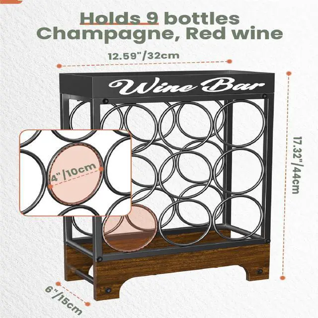 Alt view image 4 of 6 - 9 Bottles Wine Racks Countertop Freestanding with Top Tray, Modern Black Metal &Wood, 3 Tier Tabletop Wine Holder Stand for Home Kitchen Bar, Cabinet, Pantry, Wine Bottle Storage