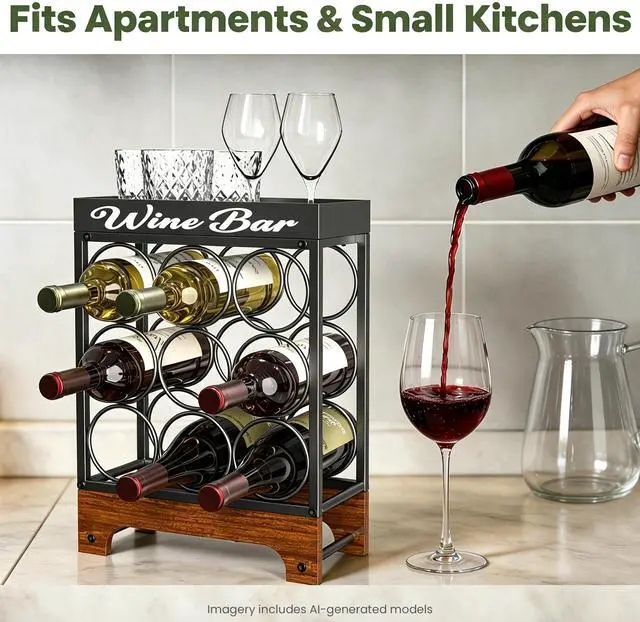 Alt view image 3 of 6 - 9 Bottles Wine Racks Countertop Freestanding with Top Tray, Modern Black Metal &Wood, 3 Tier Tabletop Wine Holder Stand for Home Kitchen Bar, Cabinet, Pantry, Wine Bottle Storage