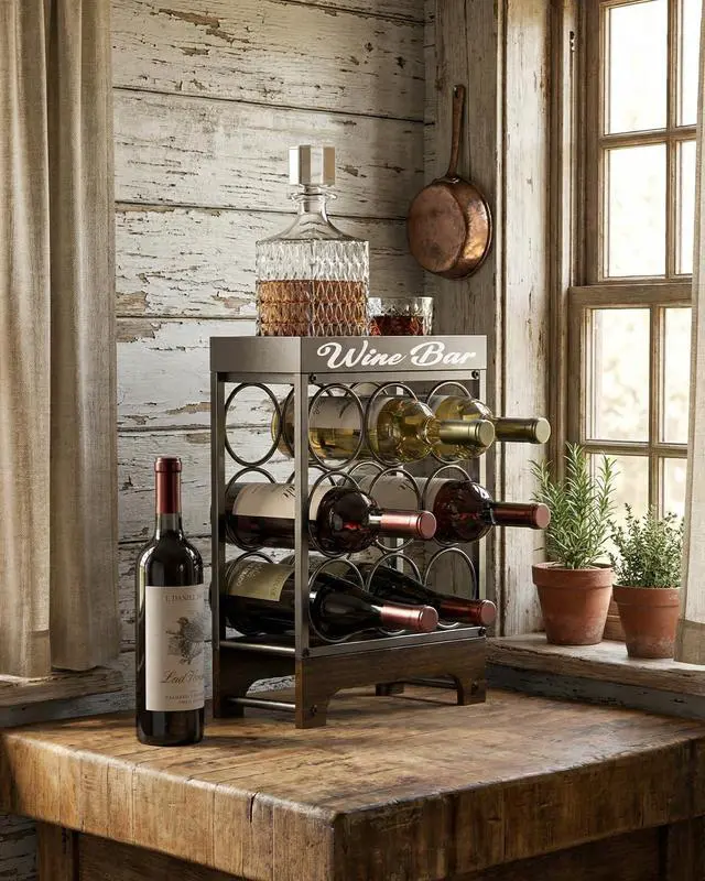 Alt view image 5 of 6 - 9 Bottles Wine Racks Countertop Freestanding with Top Tray, Modern Black Metal &Wood, 3 Tier Tabletop Wine Holder Stand for Home Kitchen Bar, Cabinet, Pantry, Wine Bottle Storage