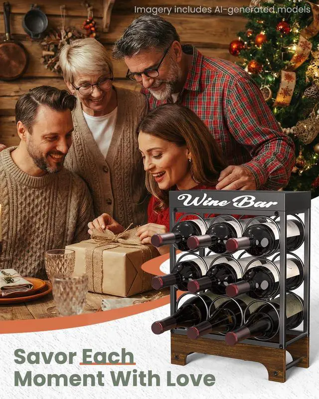Alt view image 6 of 6 - 9 Bottles Wine Racks Countertop Freestanding with Top Tray, Modern Black Metal &Wood, 3 Tier Tabletop Wine Holder Stand for Home Kitchen Bar, Cabinet, Pantry, Wine Bottle Storage