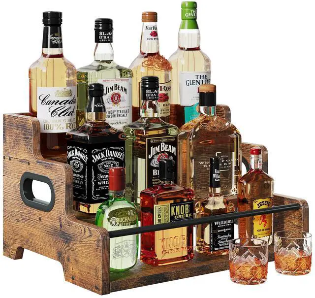 Main image of Liquor Bottle Display Shelf, Coffee Bar Organizer, Syrup Rack, 3-Tier Countertop Wine Rack for Liquor Whiskey Spirits, Display Shelf for Coffee Bar, Kitchen Cabinet, Pantry, Brown
