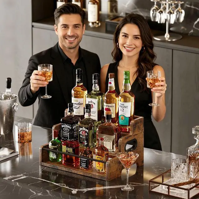 Alt view image 2 of 6 - Liquor Bottle Display Shelf, Coffee Bar Organizer, Syrup Rack, 3-Tier Countertop Wine Rack for Liquor Whiskey Spirits, Display Shelf for Coffee Bar, Kitchen Cabinet, Pantry, Brown