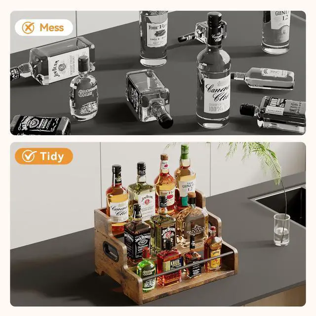 Alt view image 3 of 6 - Liquor Bottle Display Shelf, Coffee Bar Organizer, Syrup Rack, 3-Tier Countertop Wine Rack for Liquor Whiskey Spirits, Display Shelf for Coffee Bar, Kitchen Cabinet, Pantry, Brown