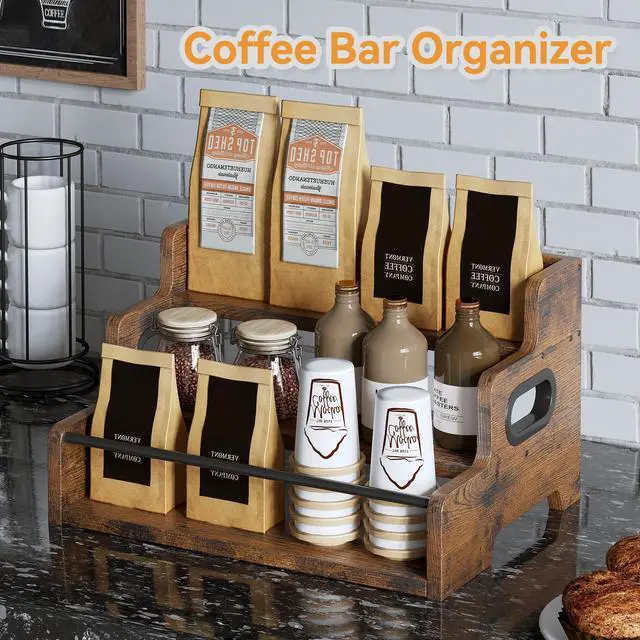 Alt view image 4 of 6 - Liquor Bottle Display Shelf, Coffee Bar Organizer, Syrup Rack, 3-Tier Countertop Wine Rack for Liquor Whiskey Spirits, Display Shelf for Coffee Bar, Kitchen Cabinet, Pantry, Brown