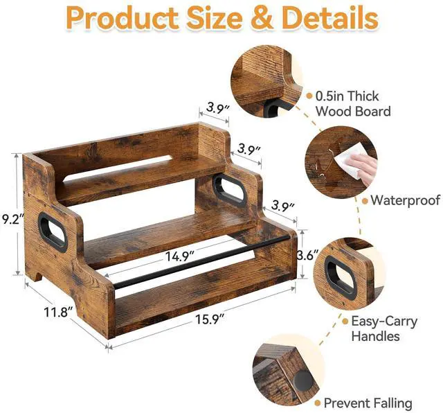 Alt view image 6 of 6 - Liquor Bottle Display Shelf, Coffee Bar Organizer, Syrup Rack, 3-Tier Countertop Wine Rack for Liquor Whiskey Spirits, Display Shelf for Coffee Bar, Kitchen Cabinet, Pantry, Brown