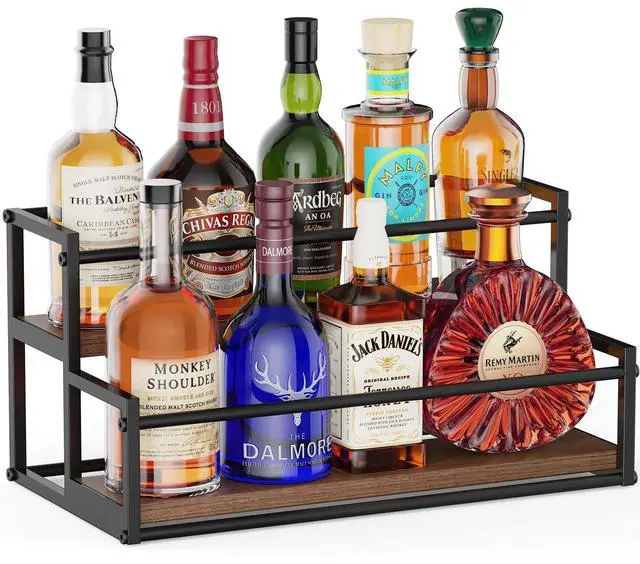 Main image of Liquor Bottle Display Shelf, 2 Tier Coffee Syrup Rack Organizer & Bar Shelf Stand for Liquor, Whiskey, Olive Oil, Kitchen Counter & Home Bar Storage