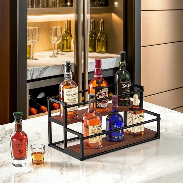 Alt view image 2 of 7 - Liquor Bottle Display Shelf, 2 Tier Coffee Syrup Rack Organizer & Bar Shelf Stand for Liquor, Whiskey, Olive Oil, Kitchen Counter & Home Bar Storage