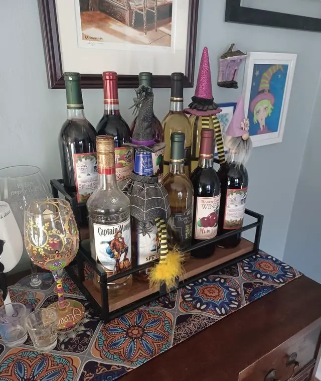 Alt view image 4 of 7 - Liquor Bottle Display Shelf, 2 Tier Coffee Syrup Rack Organizer & Bar Shelf Stand for Liquor, Whiskey, Olive Oil, Kitchen Counter & Home Bar Storage
