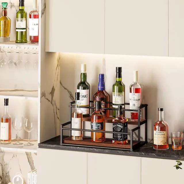 Alt view image 5 of 7 - Liquor Bottle Display Shelf, 2 Tier Coffee Syrup Rack Organizer & Bar Shelf Stand for Liquor, Whiskey, Olive Oil, Kitchen Counter & Home Bar Storage