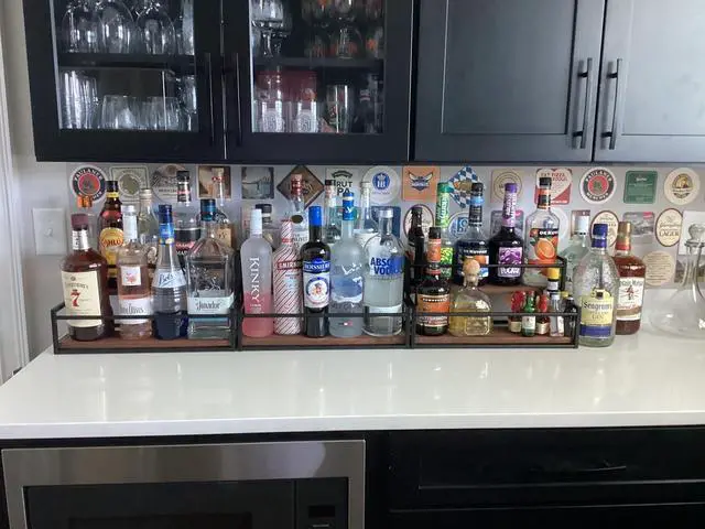 Alt view image 6 of 7 - Liquor Bottle Display Shelf, 2 Tier Coffee Syrup Rack Organizer & Bar Shelf Stand for Liquor, Whiskey, Olive Oil, Kitchen Counter & Home Bar Storage