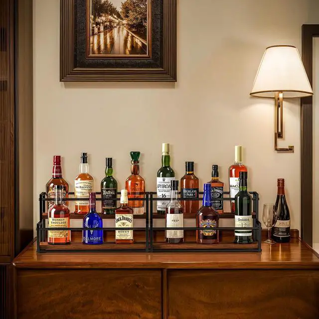 Alt view image 7 of 7 - Liquor Bottle Display Shelf, 2 Tier Coffee Syrup Rack Organizer & Bar Shelf Stand for Liquor, Whiskey, Olive Oil, Kitchen Counter & Home Bar Storage