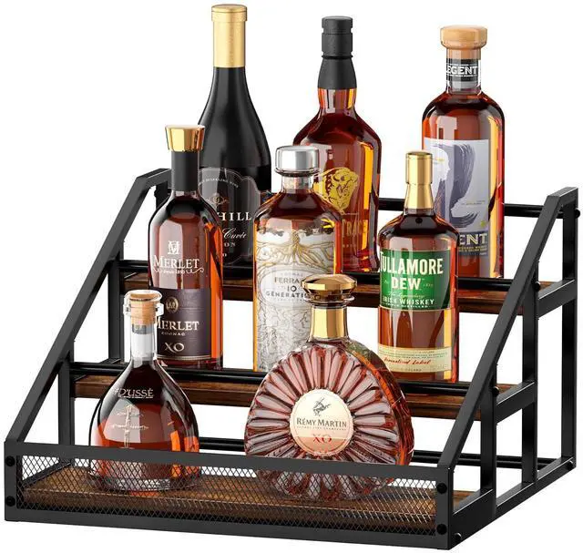 Main image of 3-Tier Liquor Bottle Display Shelf, Countertop Liquor Wine Rack, Bottle Storage Organizer for Whiskey and Spirits, Retro Bar Shelves and Shelf Stand, Mini Liquor Cabinet