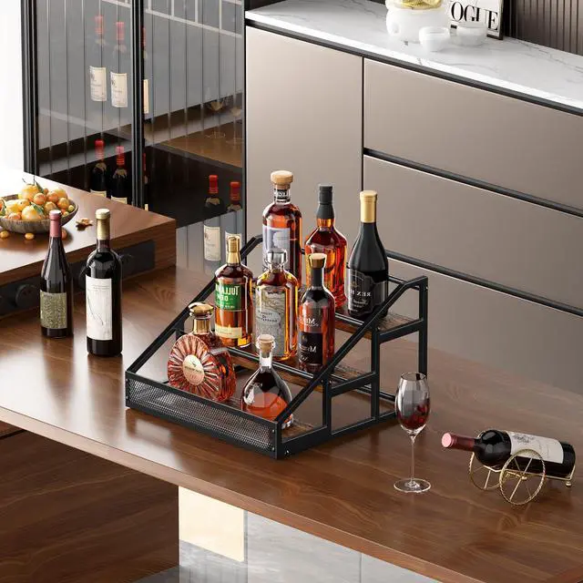Alt view image 2 of 7 - 3-Tier Liquor Bottle Display Shelf, Countertop Liquor Wine Rack, Bottle Storage Organizer for Whiskey and Spirits, Retro Bar Shelves and Shelf Stand, Mini Liquor Cabinet