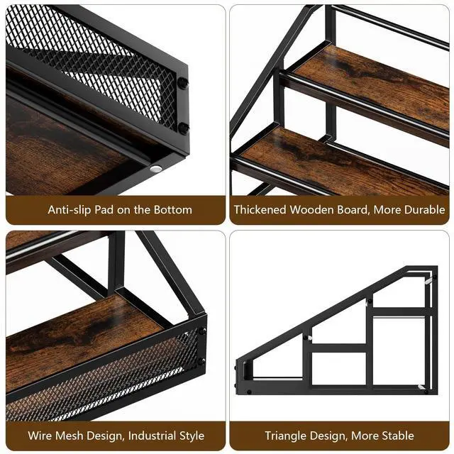 Alt view image 4 of 7 - 3-Tier Liquor Bottle Display Shelf, Countertop Liquor Wine Rack, Bottle Storage Organizer for Whiskey and Spirits, Retro Bar Shelves and Shelf Stand, Mini Liquor Cabinet