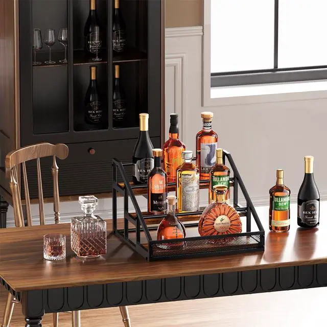 Alt view image 5 of 7 - 3-Tier Liquor Bottle Display Shelf, Countertop Liquor Wine Rack, Bottle Storage Organizer for Whiskey and Spirits, Retro Bar Shelves and Shelf Stand, Mini Liquor Cabinet