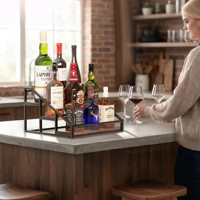 Alt view image 6 of 7 - 3-Tier Liquor Bottle Display Shelf, Countertop Liquor Wine Rack, Bottle Storage Organizer for Whiskey and Spirits, Retro Bar Shelves and Shelf Stand, Mini Liquor Cabinet