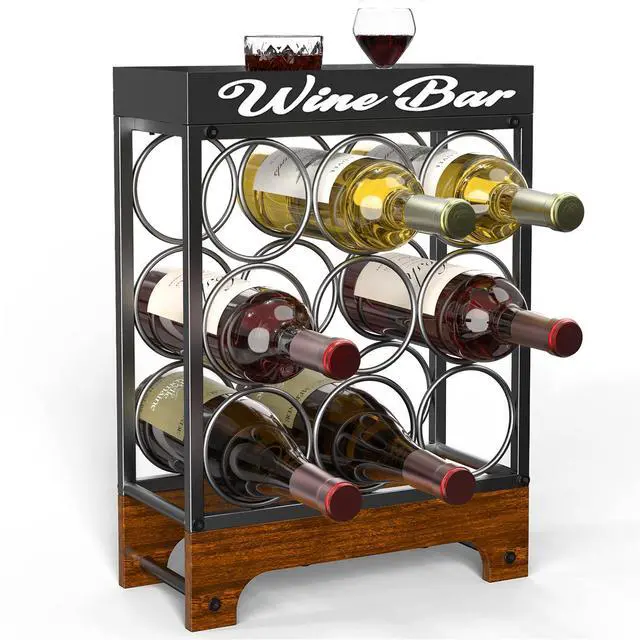 Main image of 9 Bottle Wine Racks countertop with Top Tray, Freestanding 3-Tier Tabletop Wine Bottle Holder Stand, Modern Metal & Wood Wine Storage for Kitchen Counter, Bar, Cabinet or Pantry