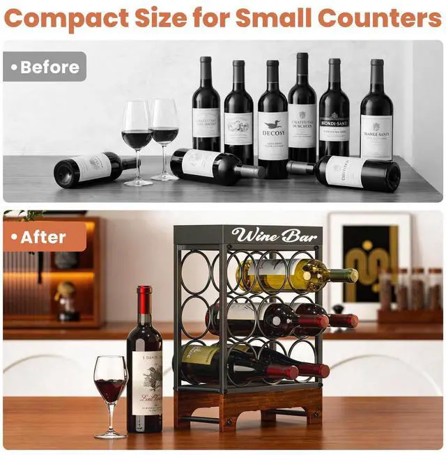 Alt view image 2 of 7 - 9 Bottle Wine Racks countertop with Top Tray, Freestanding 3-Tier Tabletop Wine Bottle Holder Stand, Modern Metal & Wood Wine Storage for Kitchen Counter, Bar, Cabinet or Pantry