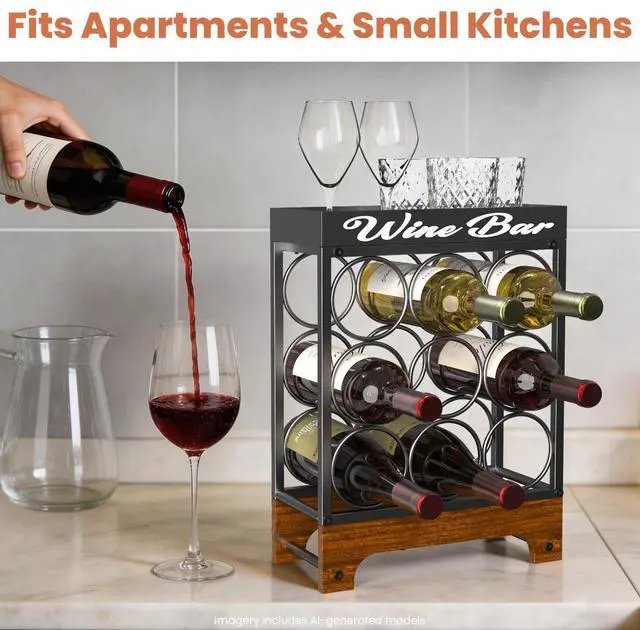 Alt view image 3 of 7 - 9 Bottle Wine Racks countertop with Top Tray, Freestanding 3-Tier Tabletop Wine Bottle Holder Stand, Modern Metal & Wood Wine Storage for Kitchen Counter, Bar, Cabinet or Pantry