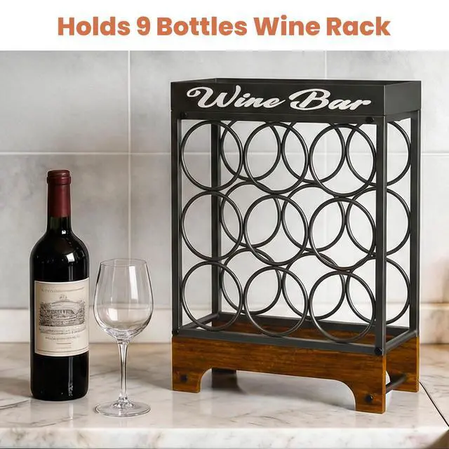 Alt view image 5 of 7 - 9 Bottle Wine Racks countertop with Top Tray, Freestanding 3-Tier Tabletop Wine Bottle Holder Stand, Modern Metal & Wood Wine Storage for Kitchen Counter, Bar, Cabinet or Pantry