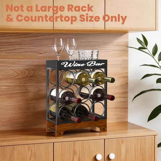Alt view image 6 of 7 - 9 Bottle Wine Racks countertop with Top Tray, Freestanding 3-Tier Tabletop Wine Bottle Holder Stand, Modern Metal & Wood Wine Storage for Kitchen Counter, Bar, Cabinet or Pantry