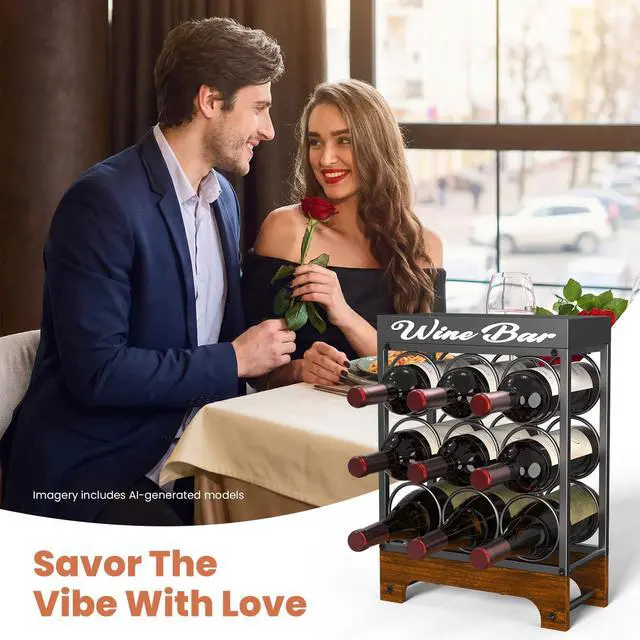 Alt view image 7 of 7 - 9 Bottle Wine Racks countertop with Top Tray, Freestanding 3-Tier Tabletop Wine Bottle Holder Stand, Modern Metal & Wood Wine Storage for Kitchen Counter, Bar, Cabinet or Pantry