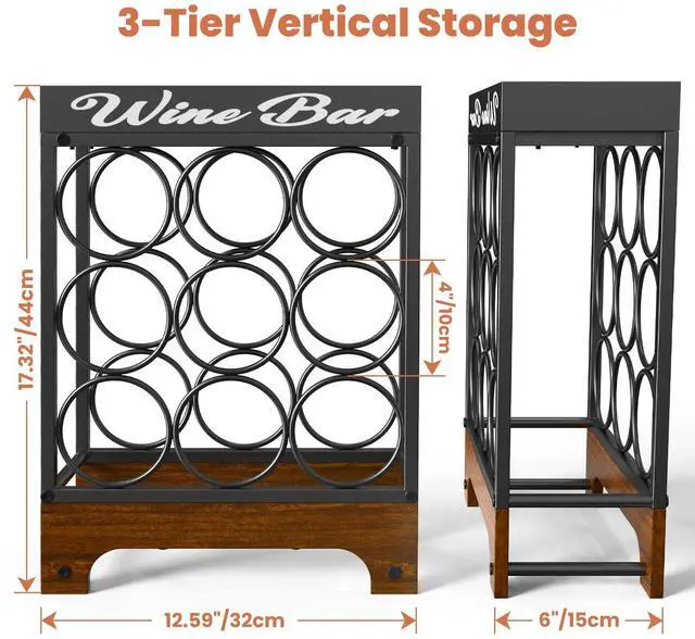 Alt view image 4 of 7 - 9 Bottle Wine Racks countertop with Top Tray, Freestanding 3-Tier Tabletop Wine Bottle Holder Stand, Modern Metal & Wood Wine Storage for Kitchen Counter, Bar, Cabinet or Pantry