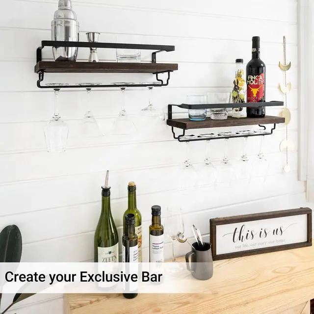 Alt view image 2 of 7 - Wall Mounted Wine Rack Set of 2 Wood Rustic Wine Bottle Glass Floating Shelves with Stemware Hanger Modern Plants Photos Wine Display Storage Holder for Kitchen Dining Room Bar, 17 Inch