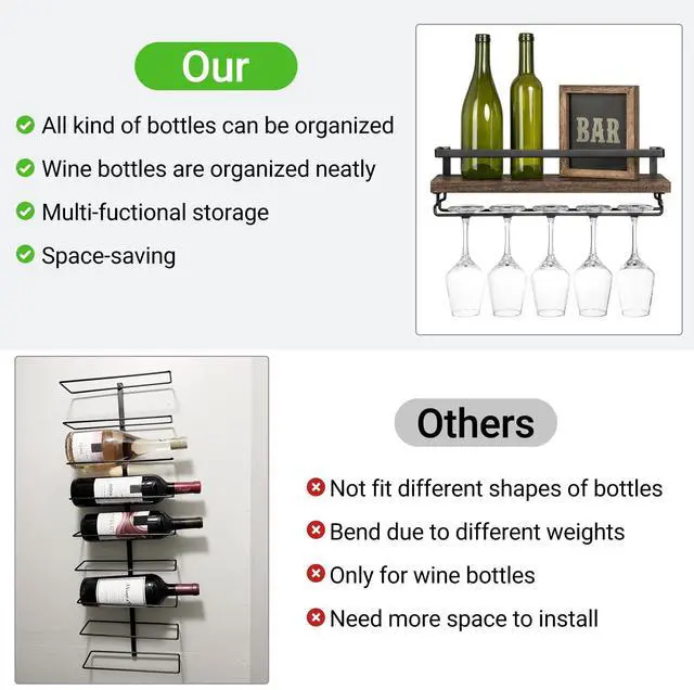 Alt view image 6 of 7 - Wall Mounted Wine Rack Set of 2 Wood Rustic Wine Bottle Glass Floating Shelves with Stemware Hanger Modern Plants Photos Wine Display Storage Holder for Kitchen Dining Room Bar, 17 Inch