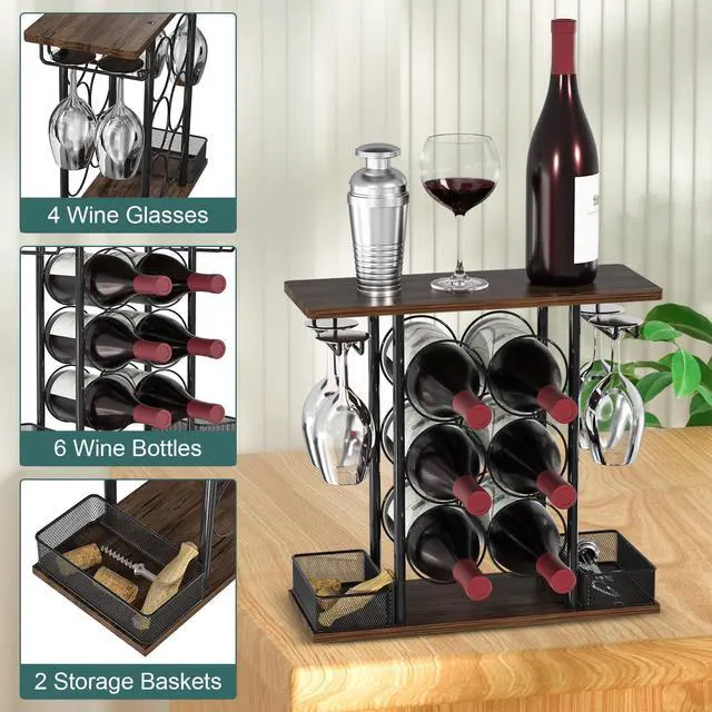 Alt view image 2 of 6 - Countertop Wine Rack, 3 Tier Wood & Metal Small Wine Rack Up to Hold 6 Bottles and 4 Glasses, Wine Bottle Holder for Home Bar Tabletop Kitchen Cabinet, 6.29" D x 16.14" W x 15.82" H