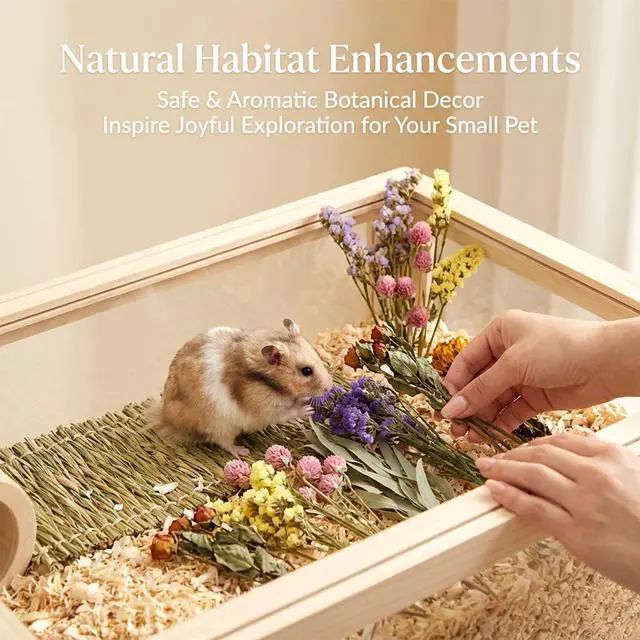 Alt view image 4 of 6 - Hamster Bedding Sprays Habitat Decor - Natural Hamster Cage Accessories with Floral Forage, Layered Small Animal Habitat Decor for Hamster Enrichment, Syrian Hamster Hideout Cage Decor
