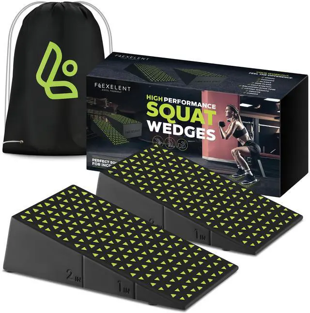 Main image of Squat Wedge Block Pair - Heel Elevated Squat Wedge for Deeper Squats, Heavy Lifting and Better Form - 17° Angle Exercise Wedges, Slant Board for Squats with Carry Backpack - Lime Green