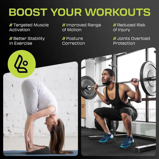 Alt view image 2 of 7 - Squat Wedge Block Pair - Heel Elevated Squat Wedge for Deeper Squats, Heavy Lifting and Better Form - 17° Angle Exercise Wedges, Slant Board for Squats with Carry Backpack - Lime Green