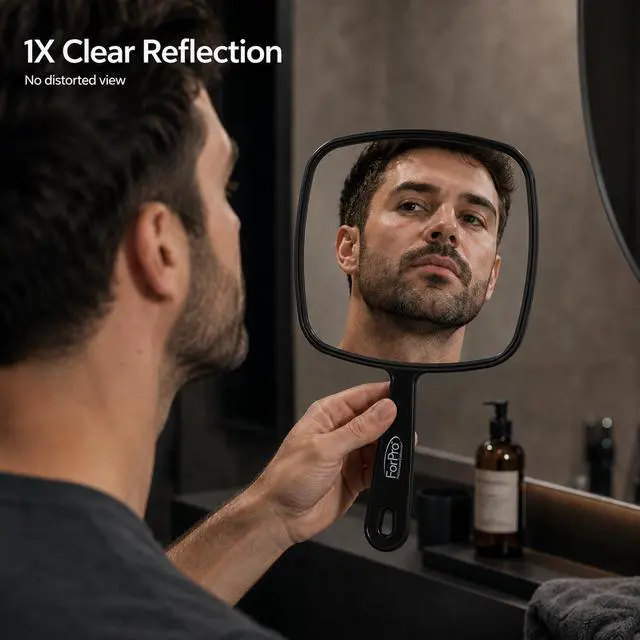Alt view image 4 of 7 - Extra Large Hand Mirror with Handle, 9" W x 12" L, Multi-Purpose Handheld Mirror with Distortion-Free Reflection, Black