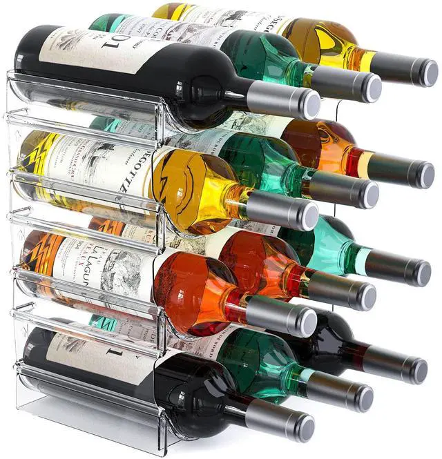 Main image of Plastic Water Bottle Organizer and Wine Rack Storage Holder,4 Tier 12 Containers Stackable Free-Standing Bottle Storage Rack for Kitchen Countertops, Table Top, Pantry, Bars, Cabinets, Fridge - Clear