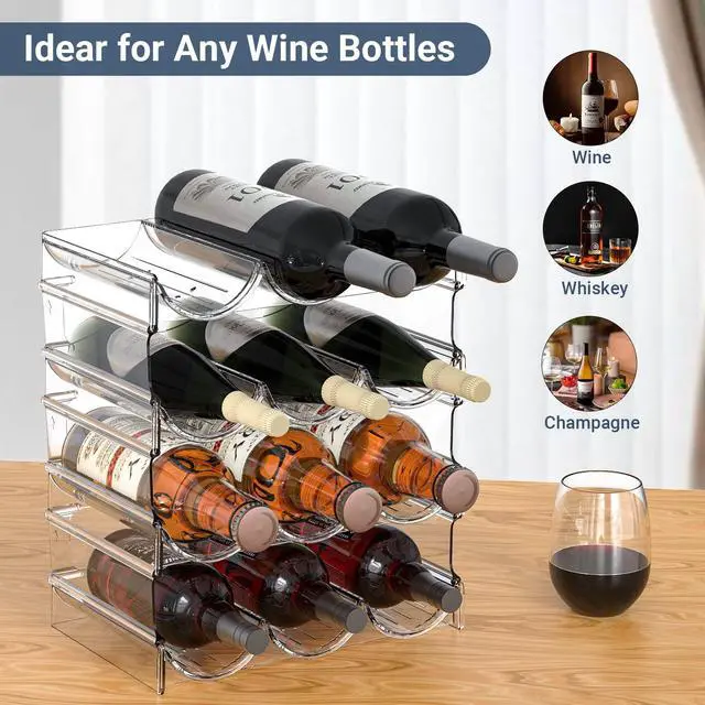 Alt view image 2 of 7 - Plastic Water Bottle Organizer and Wine Rack Storage Holder,4 Tier 12 Containers Stackable Free-Standing Bottle Storage Rack for Kitchen Countertops, Table Top, Pantry, Bars, Cabinets, Fridge - Clear