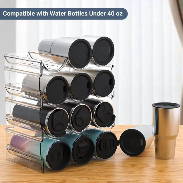 Alt view image 3 of 7 - Plastic Water Bottle Organizer and Wine Rack Storage Holder,4 Tier 12 Containers Stackable Free-Standing Bottle Storage Rack for Kitchen Countertops, Table Top, Pantry, Bars, Cabinets, Fridge - Clear