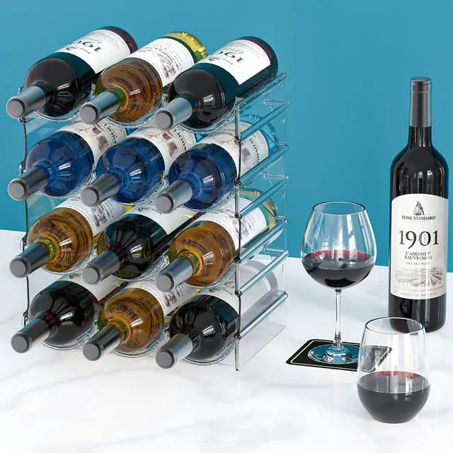 Alt view image 5 of 7 - Plastic Water Bottle Organizer and Wine Rack Storage Holder,4 Tier 12 Containers Stackable Free-Standing Bottle Storage Rack for Kitchen Countertops, Table Top, Pantry, Bars, Cabinets, Fridge - Clear