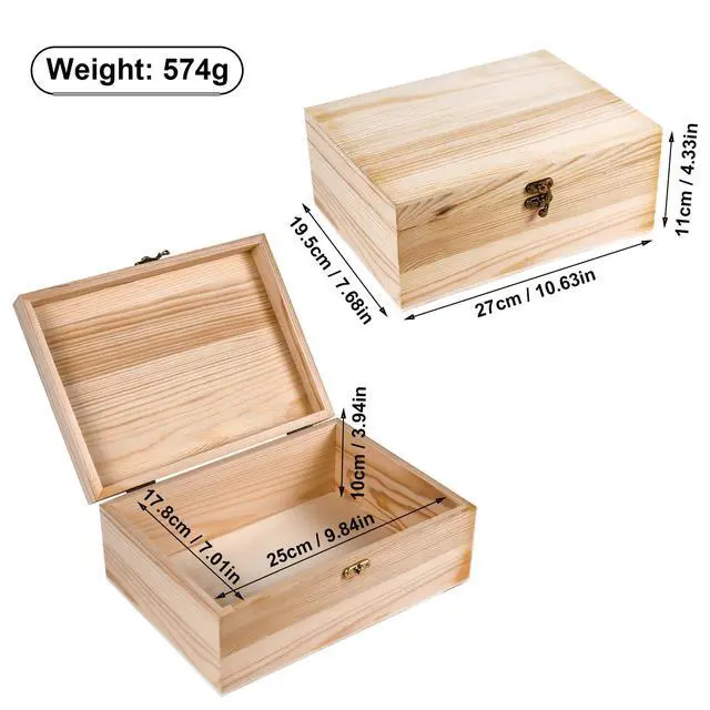 Alt view image 2 of 6 - Unfinished Wood Box with Hinged Lid 1 Pack - 10.6" x 7.6" x 4.3" Smooth Unpainted Wooden Storage Box for Crafts, Jewelry, DIY Painting, Gift Packaging - Lightweight & Warp-Resistant