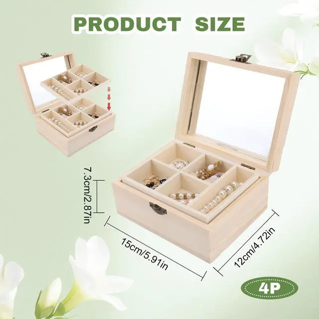 Alt view image 2 of 6 - 4 Pack Wooden Jewelry Organizer Box, Unfinished Surface Wood Jewelry Box, Small Wooden Chest Case with Glass Mirror, Compact and Stylish Container for Jewelries Storage DIY Crafts