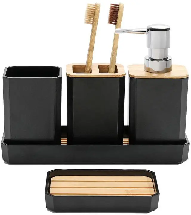 Main image of Bathroom Accessories Set,5 Pcs Bathroom Accessory Gift Set, Soap Dispenser, Soap Dish, Toothbrush Holder, Toothbrush Cup, Vanity Tray, Boho, Modern Bathroom Decor (Black)